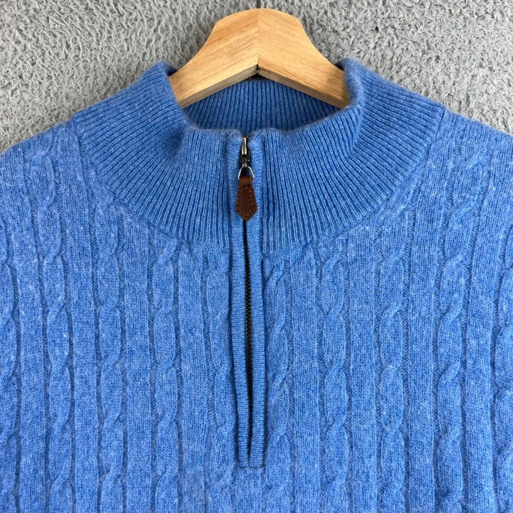 Daniel Bishop Mens 100% Cashmere Cable Knit Quarter Zip Sweater Blue Large